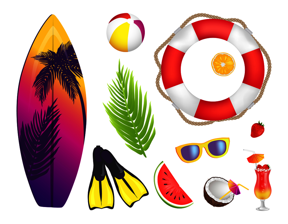 Summer elements collection, surfboard and palm leaf, lifebuoy and cocktail, cocktail and sunglasses, summer, vector illustration isolated on white. Summer Elements Collection Vector Illustration