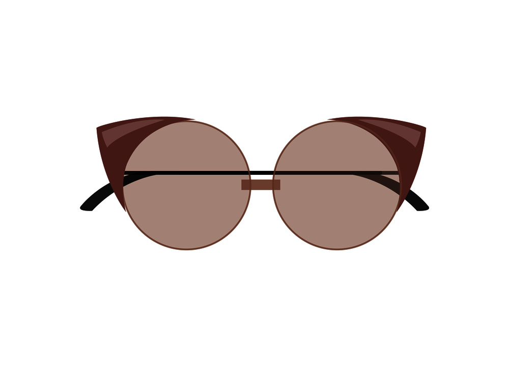 Stylish female cat-eye glasses of rounded shape. Fashionable glasses to protect eyes form sun. Fancy summer sunglasses isolated vector illustration.. Stylish Female Cat-Eye Sunglasses of Rounded Shape