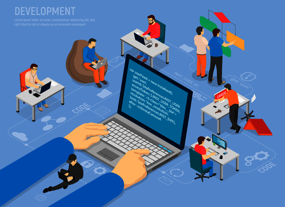 Programming development poster code in laptop. Programmers work on computers. Programs coding infographic cartoon vector illustration with people. Programming Development Poster with Code in Laptop