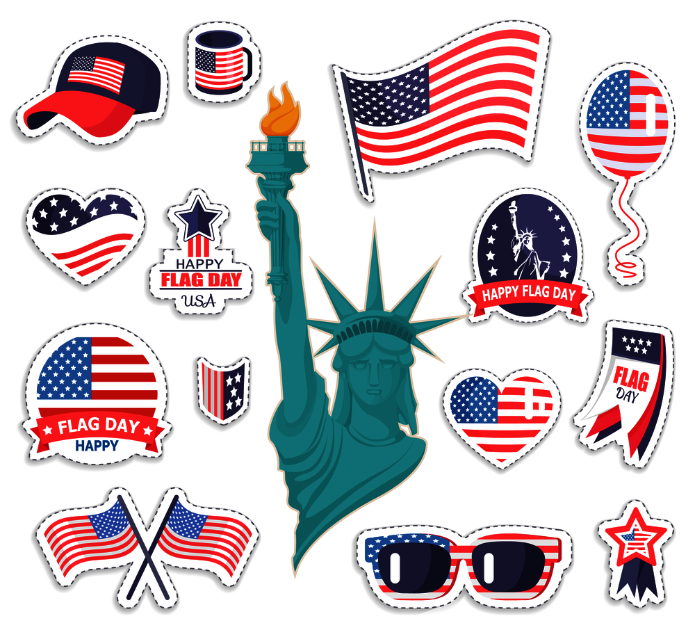 Happy American flag day stickers set. America symbolic emblems balloons caps and mugs. National fest Independence memorial establishments labels vector. Happy American Flag Day Bright Stickers Collection