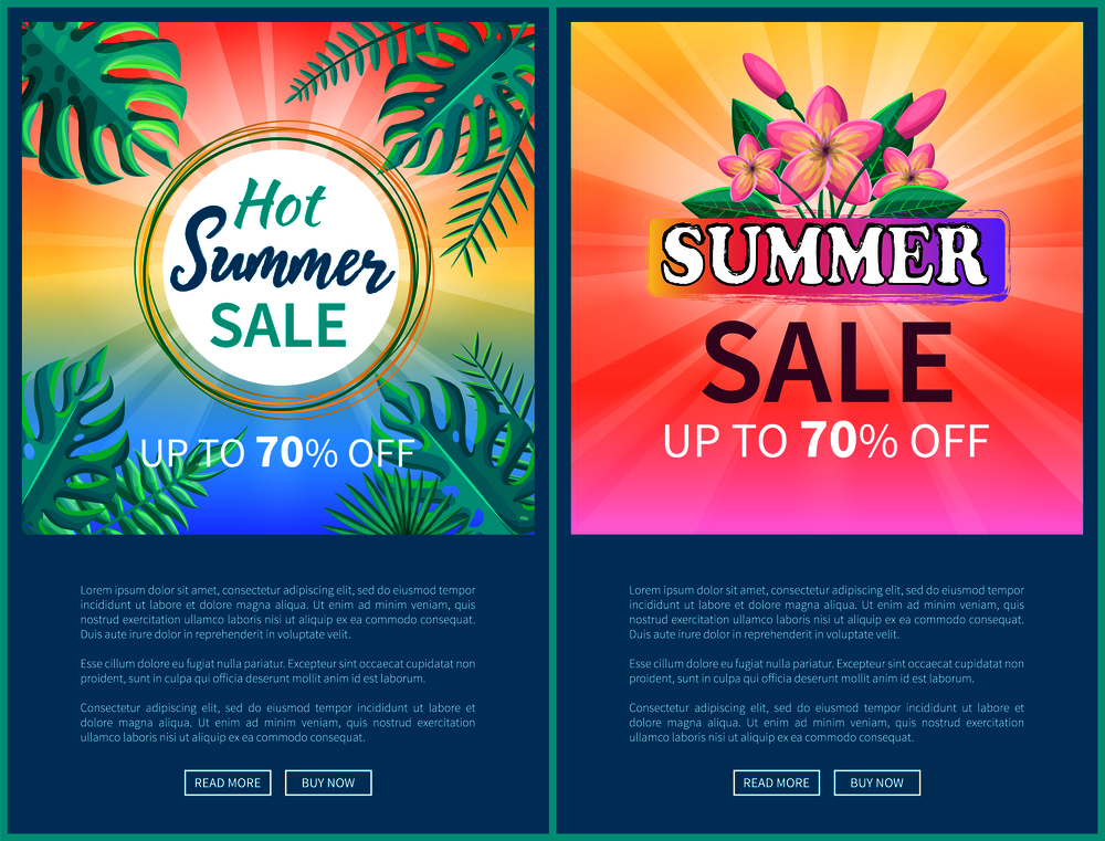 Hot summer sale poster up to 70 off banner with frame, pink flowers and exotic palm tree leaves vector template summertime advert web page design. Hot Summer Sale Poster Up to 70 Off Banner Frame