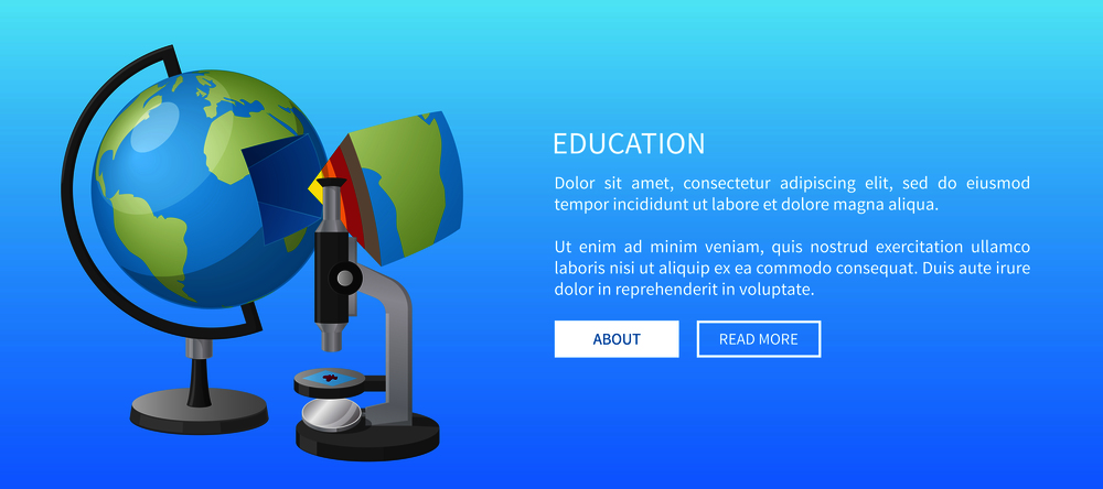 Education web banner with globe model and separate segment with ground layers and microscope isolated vector illustrations. Education Banner with Globe Model and Microscope
