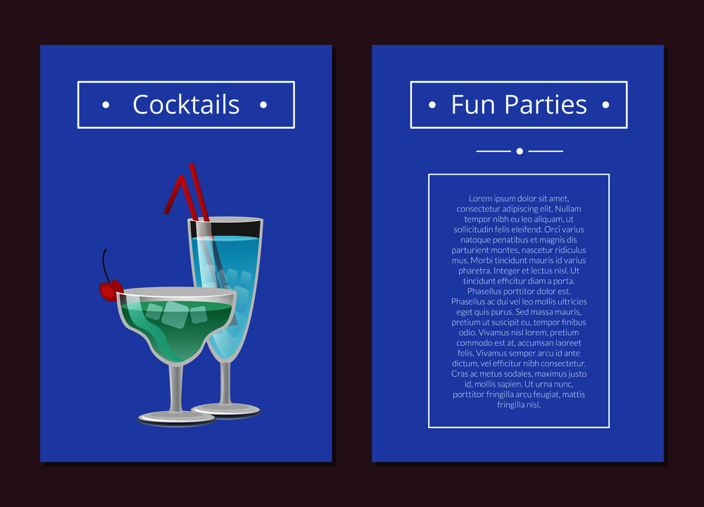 Cocktail fun parties classic summer alcohol drinks advert poster with blue cocktails in martini glass, with straw decorated by cherry on top vector. Cocktail Fun Parties Classic Summer Alcohol Drinks