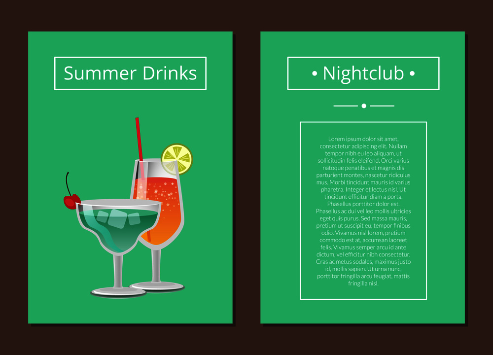 Summer nightclub drinks advertising poster with alcohol in festive decorated glass. Vector illustration with beverages on green background and text. Summer Nightclub Drinks Advertising Poster Alcohol