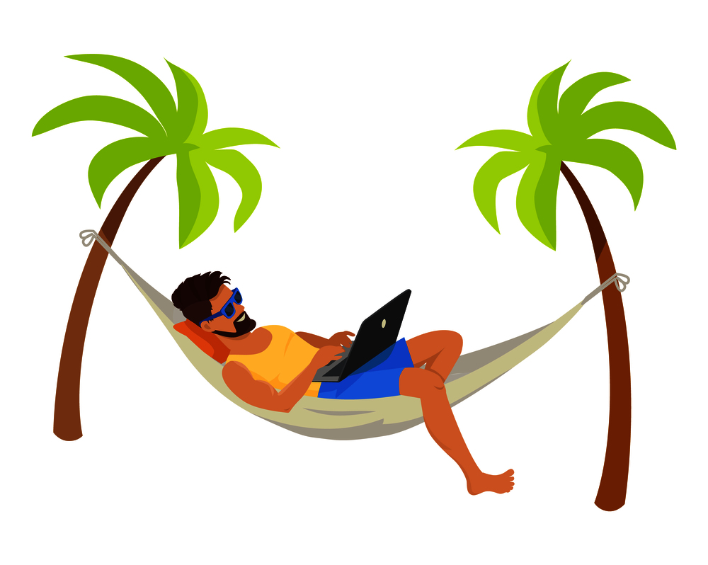 Young man with his laptop, freelance concept poster vector illustration freelancer wear blue sunglasses lying in hammock, distant work internet. Young Man with His Laptop, Freelance Work Poster