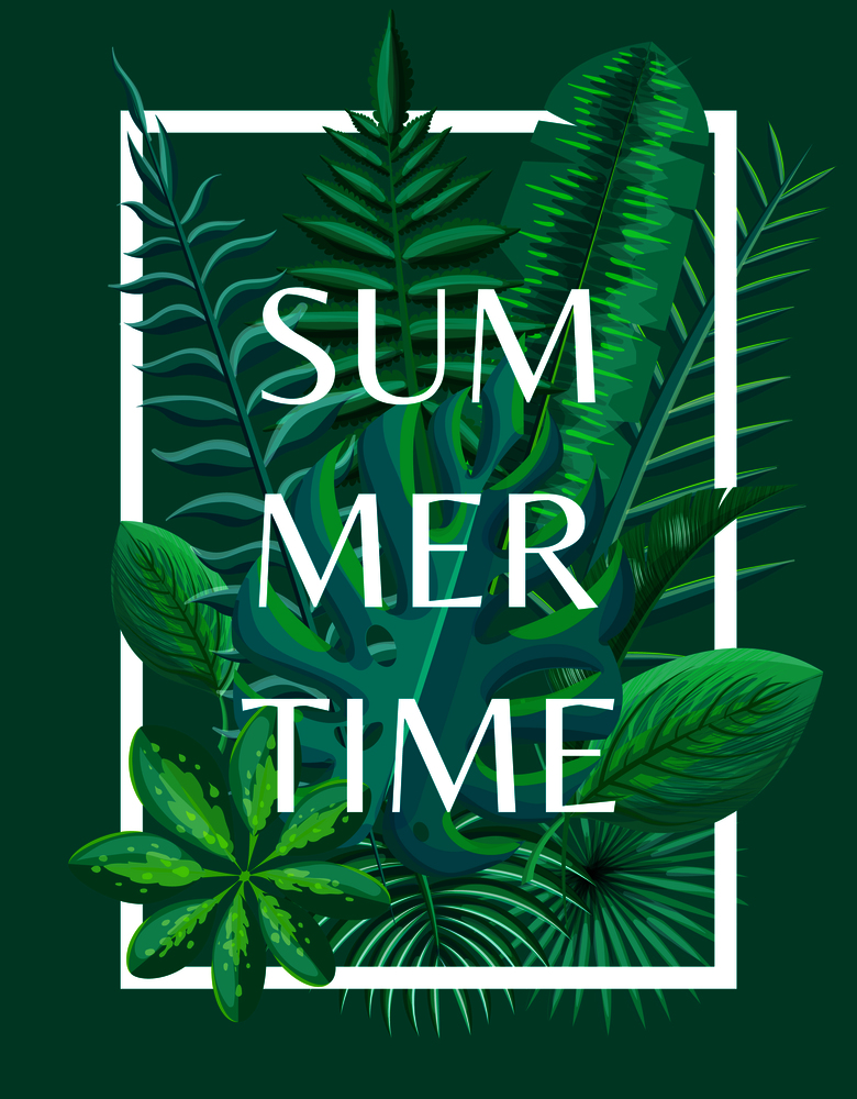 Summertime background of tropical green plants in frame vector illustration exotic palm tree leaves, place for text isolated summer poster, color backdrop. Summertime Background Tropical Green Plants Vector