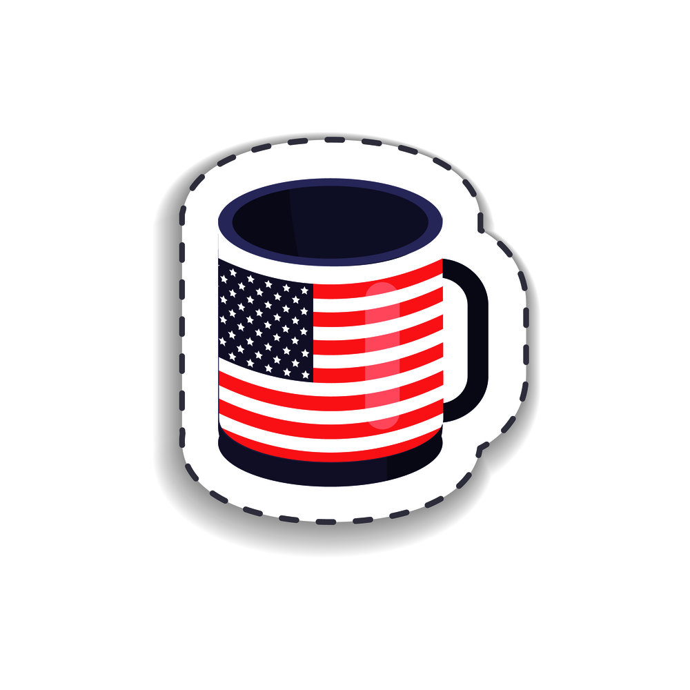 Cup with American flag, USA mug made up of stripes and stars, symbolic US symbol memorial patch vector illustration isolated on white background. Cup and Flag of America on It Vector Illustration