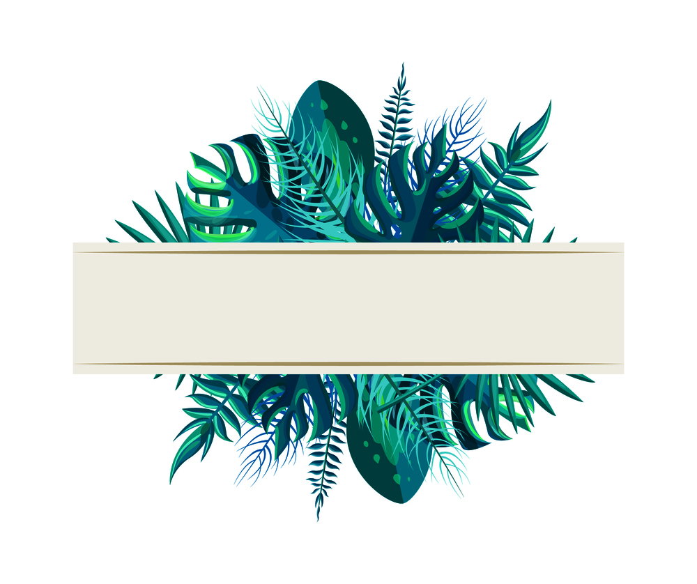 Empty banner tropical plant leaves in blue color. Blank poster with exotic branches from bushes and palms. Tropic frame vector illustration.. Empty Banner with Tropical Plants Leaves in Blue