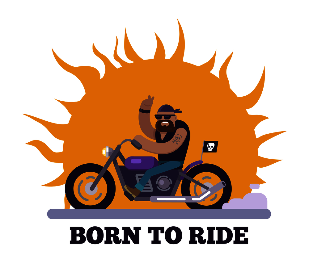Born to ride poster with motorcycle and skull flag, man having tattoo on hand riding bike, banner headline, vector illustration isolated on white. Born to Ride Poster Motorcycle Vector Illustration