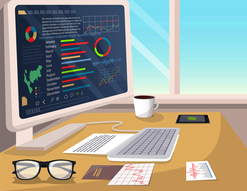 Business statistics on white PC, bright office vector illustration of analytics information visualized in infographics set, coffee cup and glasses. Business Statistics on White PC in Bright Office