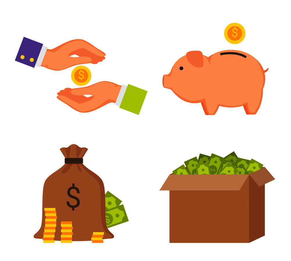 Money boxes and human hands color icons collection vector illustration pink piggy animal, full cloth bag with currencies coins, containers set. Money Boxes and Human Hands Color Icons Collection