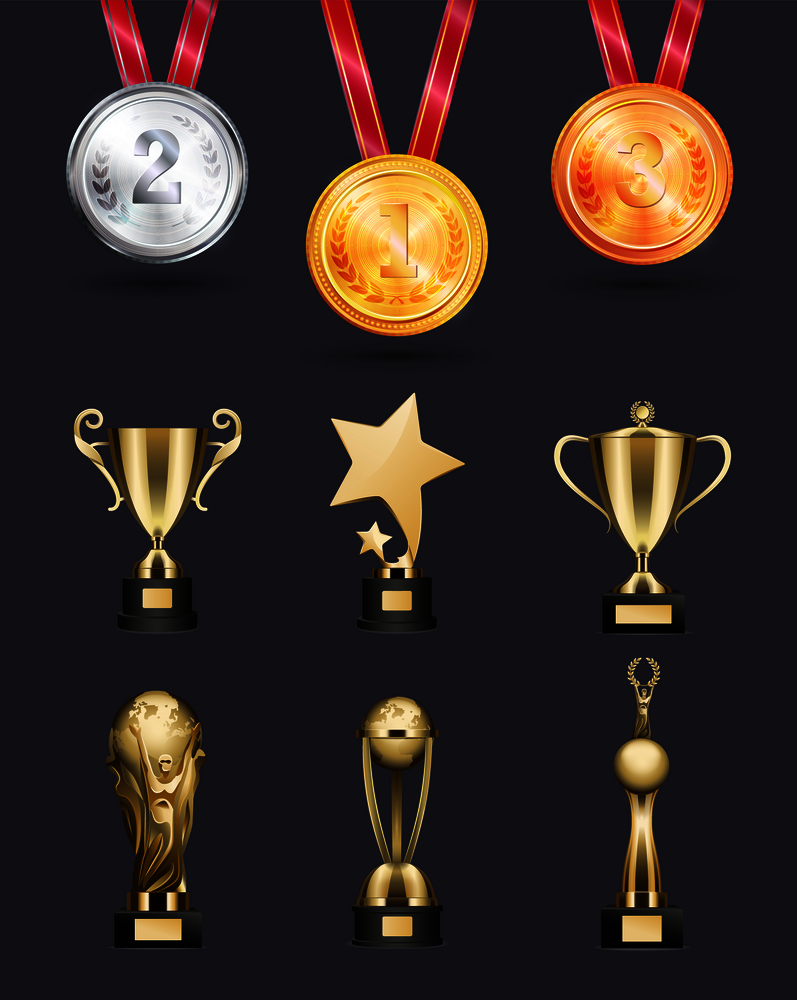 Medal achievements icons isolated collection vector illustration with black backdrop, various shape cups, bronze silver and golden awards sample. Medal and Achievements Icons Isolated Collection