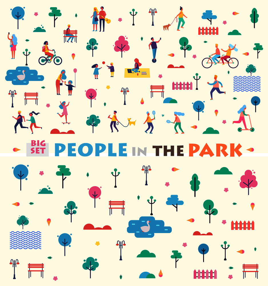 Big set people in park icons and headline couple with guitar, green trees, swan on lake, tennis game, cycling together isolated on vector illustration. Big Set People in Park Icons Vector Illustration
