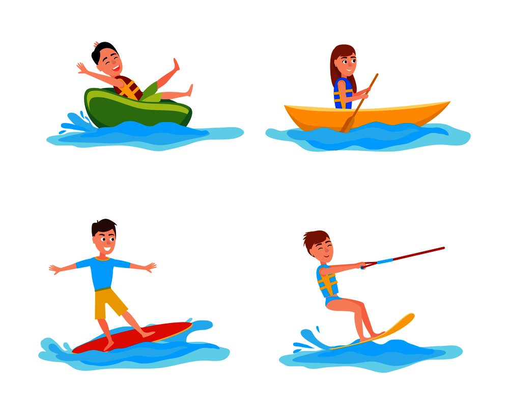 Summer collection of sports and activities, boating and surfing, kitesurfing summertime set, vector illustration isolated on white background. Summer Collection of Sports Vector Illustration
