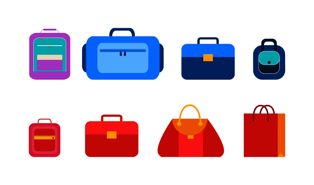 Convenient bags and packages for students set. Female handbags, practical briefcases, compact backpack, bright lunchbox isolated vector illustrations.. Convenient Bags and Packages for Students Set