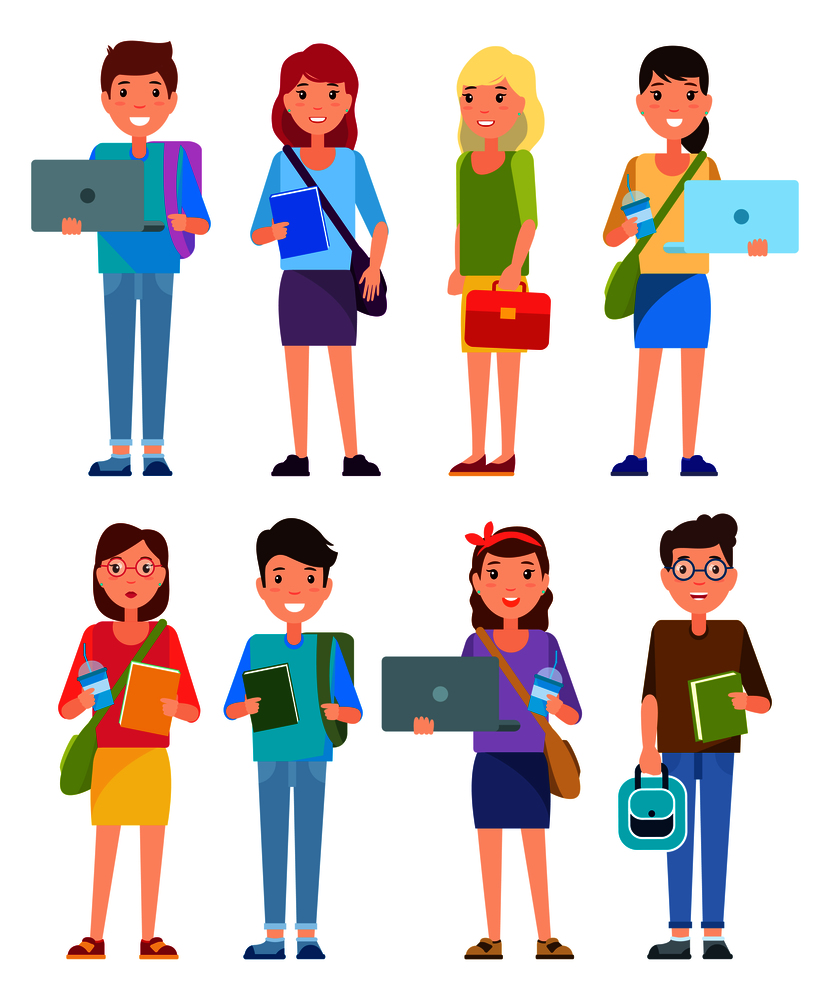 Student teenagers collection, boy holding laptop and smiling, girl with book, smiling young lady standing calmly, gentleman set vector illustration. Student Teenagers Collection Vector Illustration