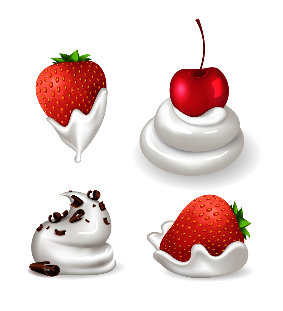Dessert freshly whipped cream containing chocolate, berries cherry and strawberry in sweet mousse, collection vector illustration isolated on white. Dessert Cream and Berries Vector Illustration