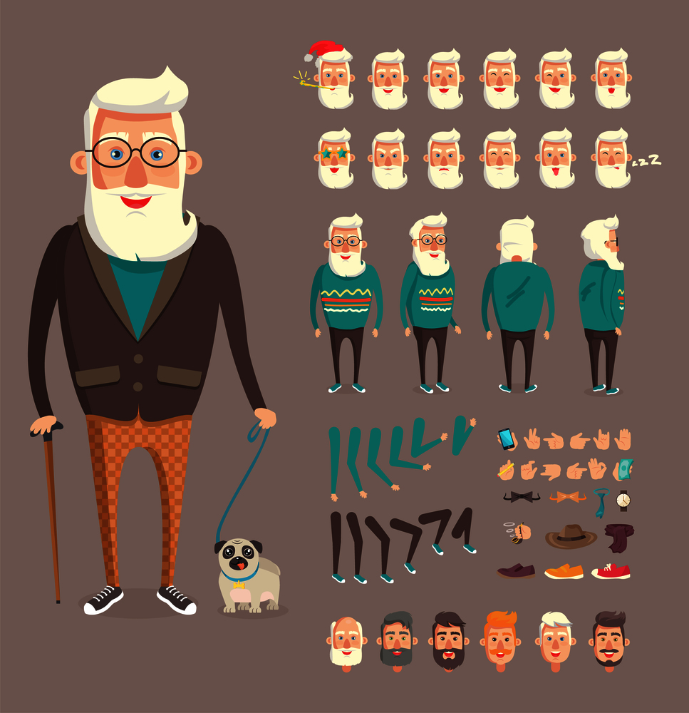 Grandfather collection builder, emotion set with sleepy head wearing Santa Claus hat, granddad walking dog holding wooden stick vector illustration. Grandfather Collection Builder Vector Illustration