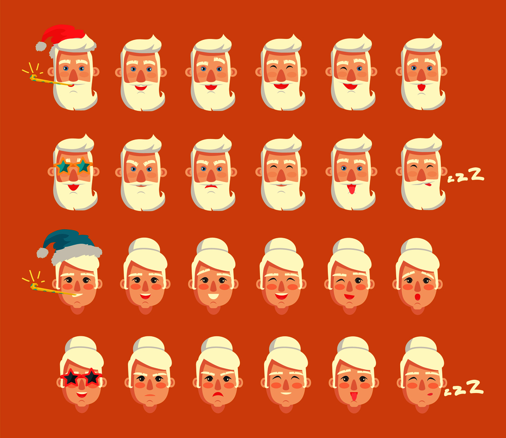 Grandparents emotion collection, male head wearing Santa Claus red hat, woman sleeping and snoring, emoticons set isolated on vector illustration. Grandparents Emotion Set, Vector Illustration