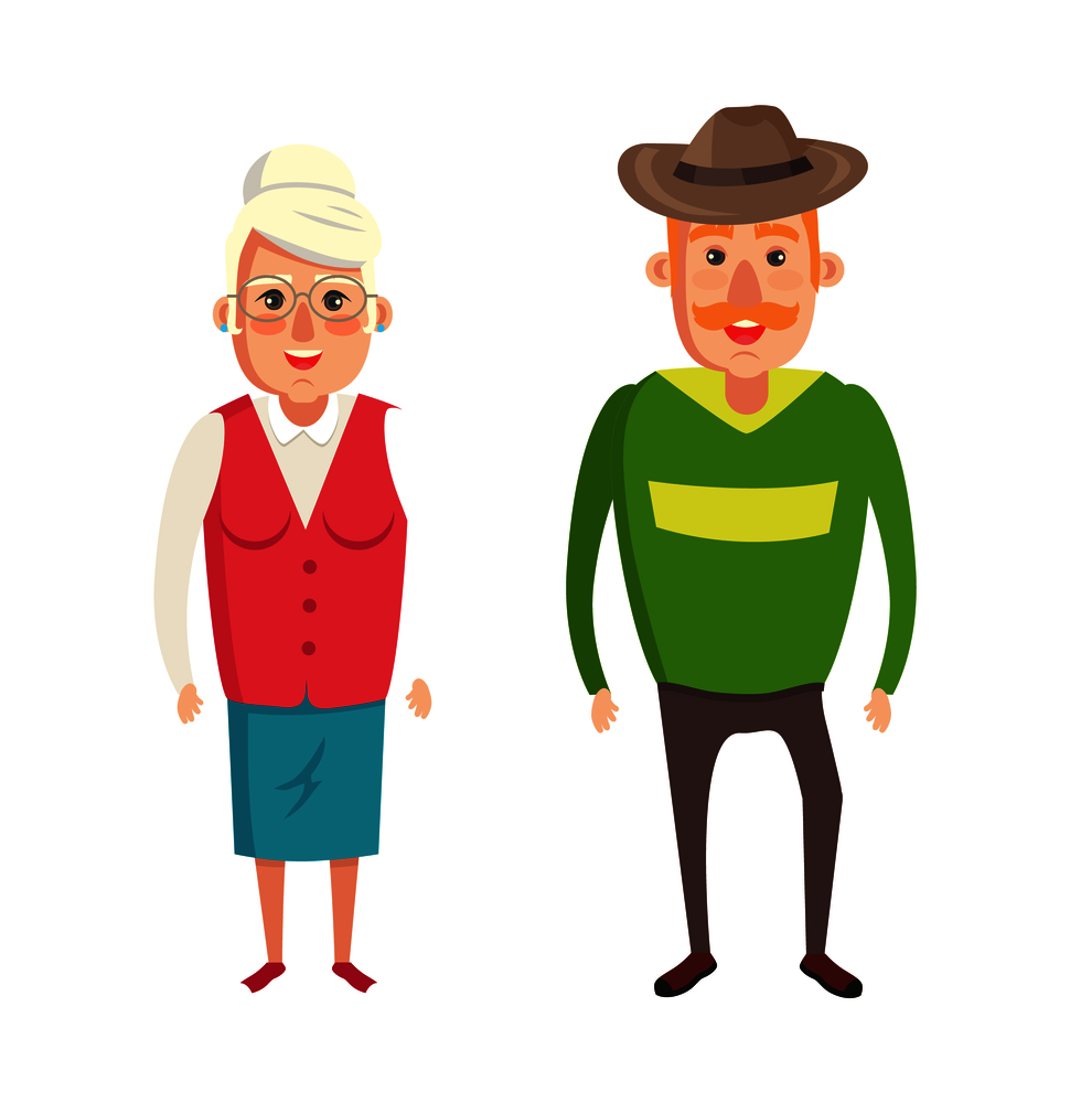 Grandmother and grandfather couple, elderly people in formal wear isolated on white background, grandparents cartoon characters, grandma and grandpa. Grandmother and Grandfather Couple, Elderly People