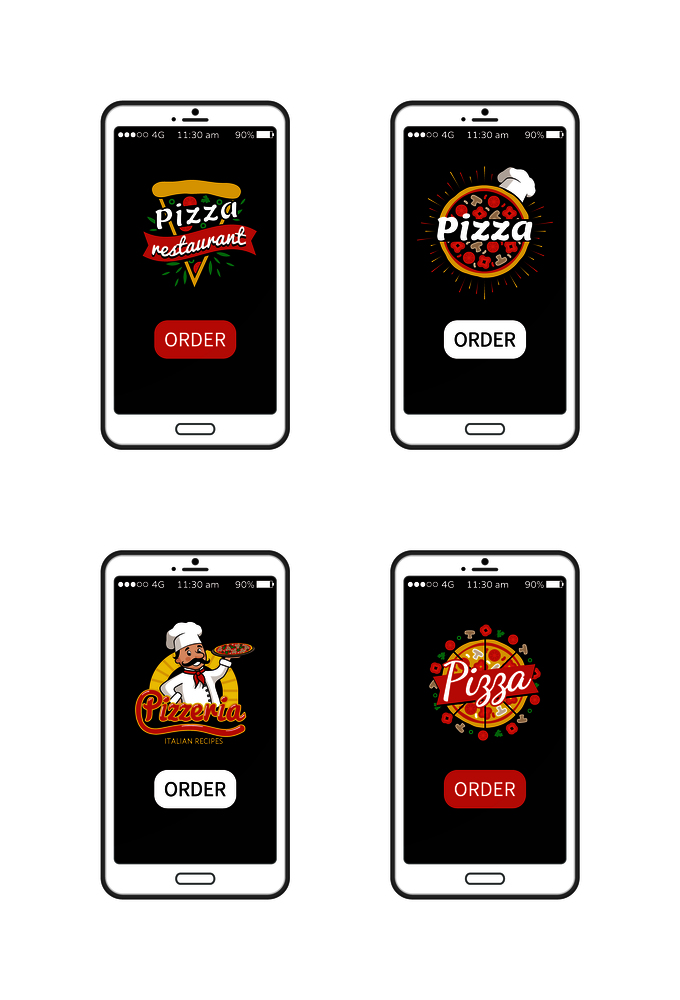 Pizzeria restaurant logotypes hot pizza and chef wearing traditional uniform, applications for phones, online service sites set vector illustration. Pizzeria Restaurant Logos Set Vector Illustration