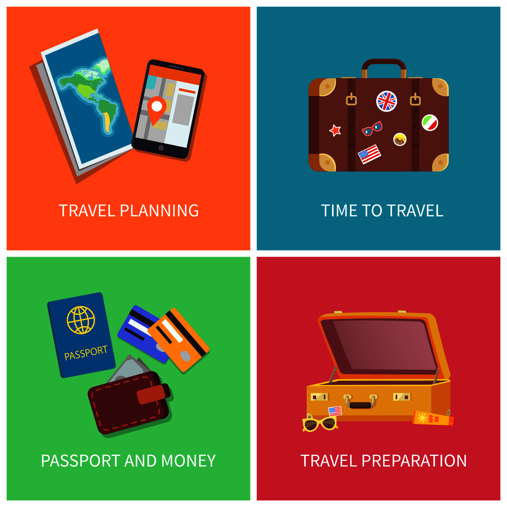Travel planning preparation posters set, money and passport, banners with headlines, map mobile phone application collection, vector illustration. Travel Planning Posters Set Vector Illustration