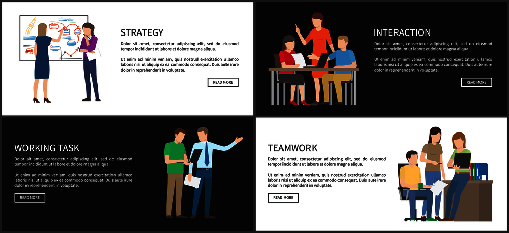 Strategy and interaction, teamwork working on task of business people, internet sites set with information, buttons headlines vector illustration. Strategy and Interaction Set Vector Illustration