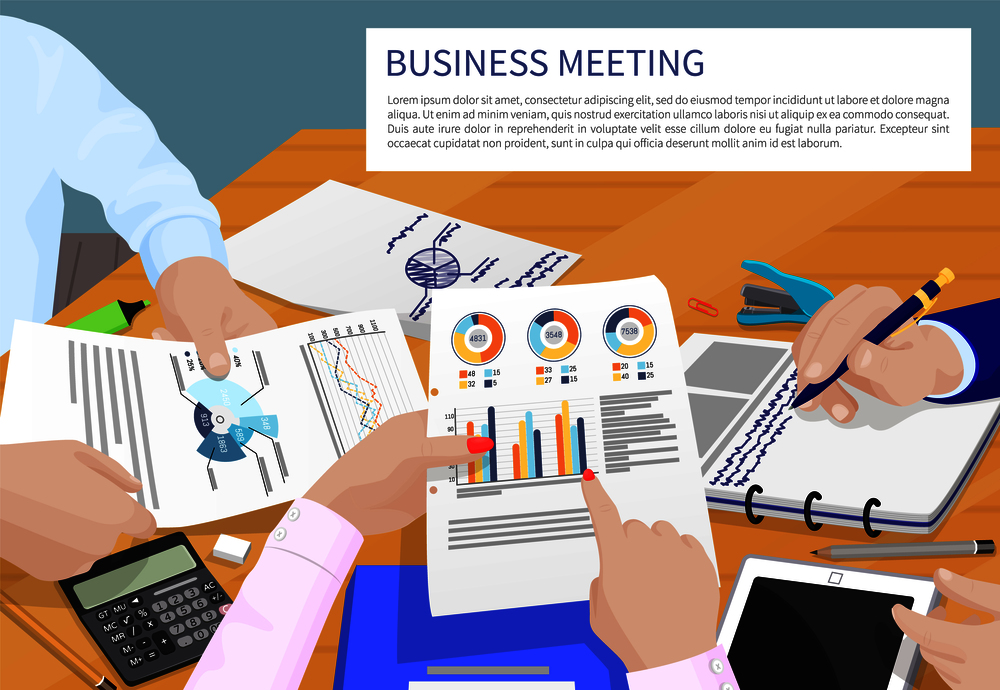 Business meeting and text sample in frame, discussion with papers documents, charts diagrams, busy people isolated on vector illustration. Business Meeting and Text Vector Illustration