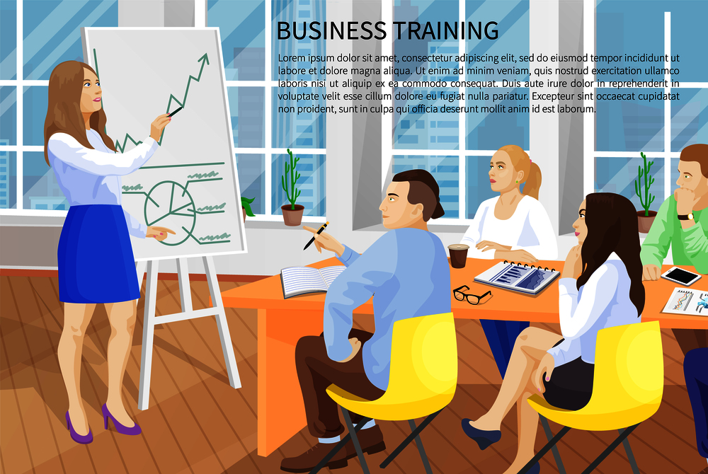 Business training, poster text sample, woman explaining information to group, office and people, employers conference banner, vector illustration. Business Training Poster Text Vector Illustration