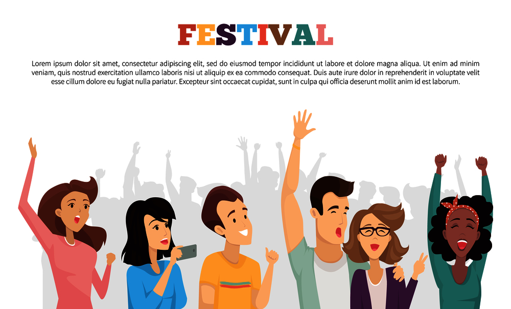 Festival poster with text sample, colorful headline people shouting and smiling, celebration happiness concept vector illustration isolated on white. Festival Poster Text Sample Vector Illustration