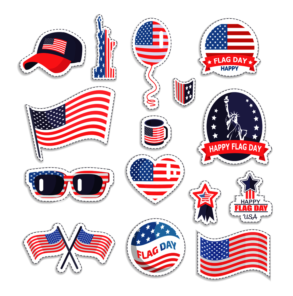 Happy flag day icons set color vector illustration isolated on white backdrop USA national symbols, cap sunglasses stickers cup and liberty statue. Happy Flag Day Icons Set Color Vector Illustration