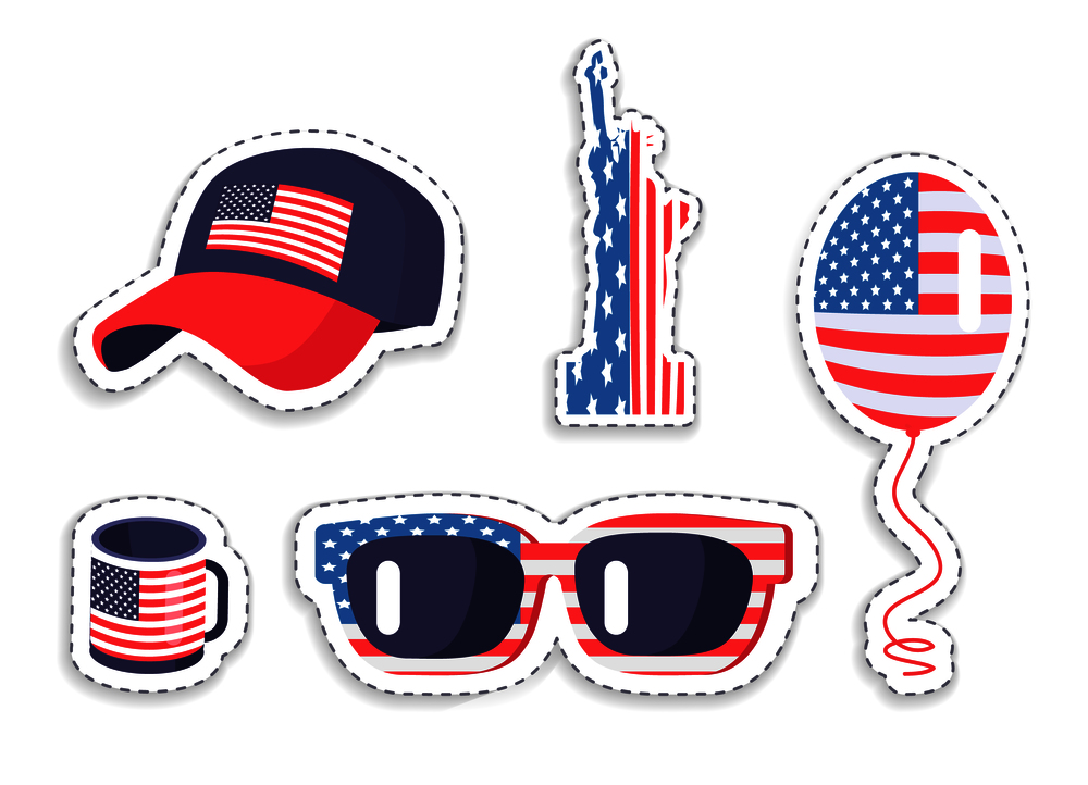 American symbolics on various accessories set, isolated on white backdrop vector illustration of sunglasses balloon, cap cup and liberty statue icon. American Symbolics on Various Accessories Set