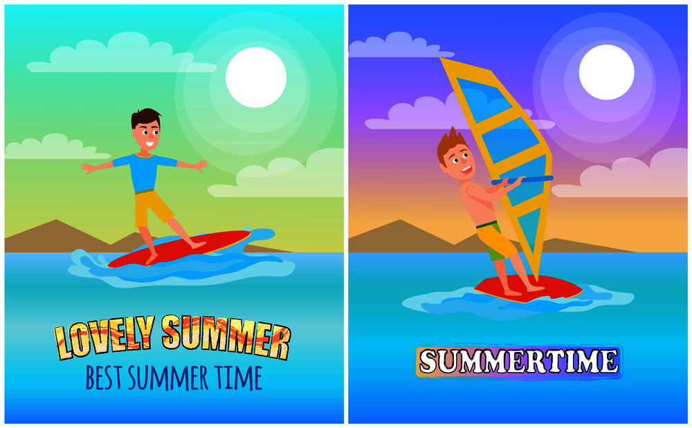 Lovely summer banners set titles and lettering, summertime sports poster, windsurfing or surfing on surfboard, collection cartoon vector illustration.. Lovely Summer Banners Set Vector Illustration