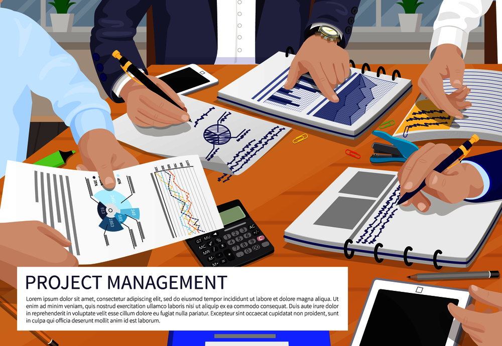 Project management banner vector illustration time building and strategy planning documentation pages businessman on negotiation business analysis. Project Management Banner Vector Illustration
