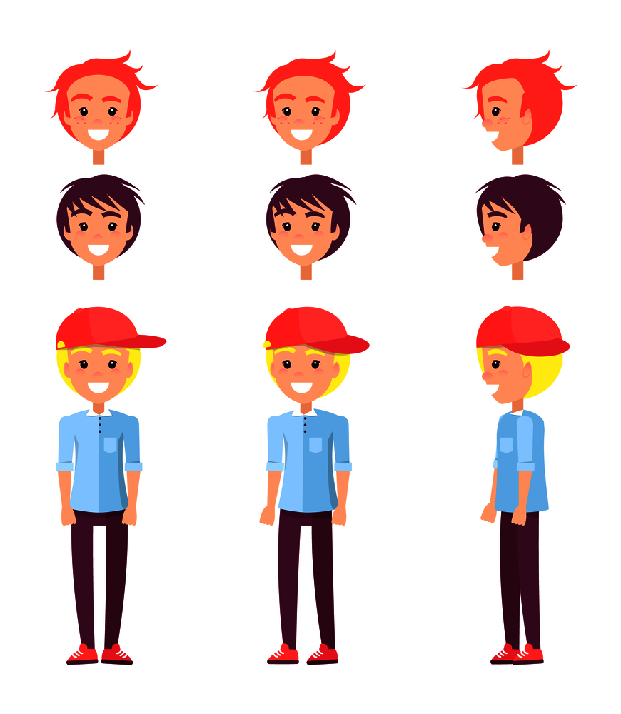 Teenagers collection, constructor with male heads haircut, smiling person wearing cap and trousers, jeans jacket, human vector illustration. Teenagers Set Constructor, Vector Illustration