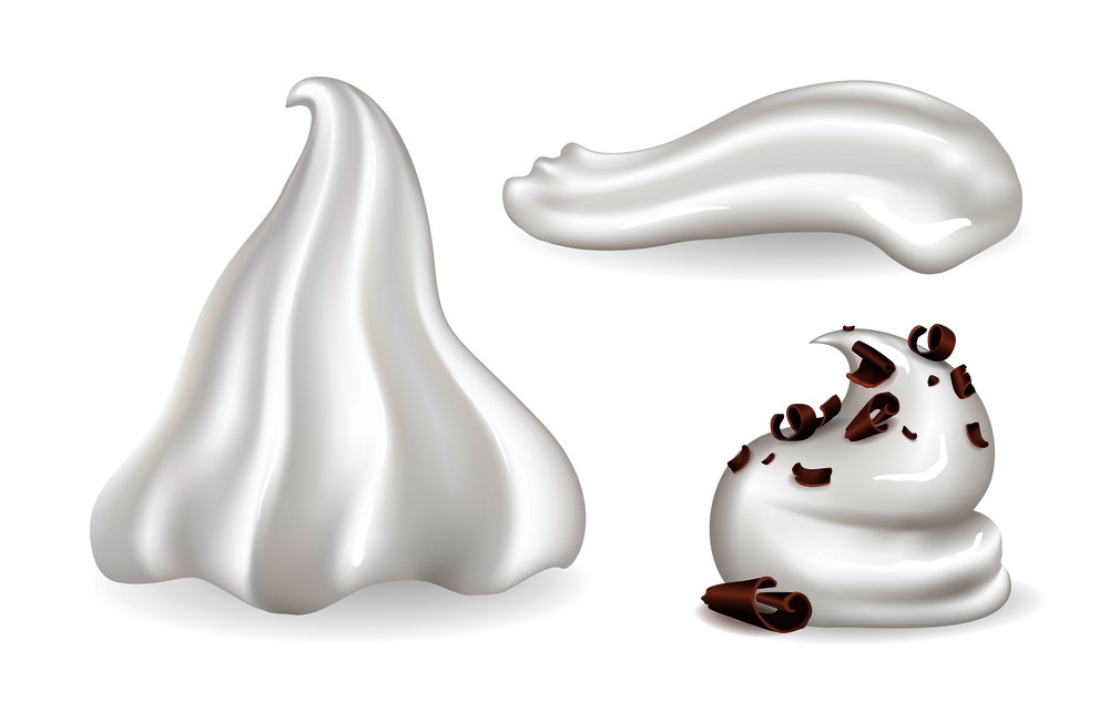 Whipped cream collection, different mousse shape made of milk and sweetened with vanilla, chocolate dessert decoration isolated on vector illustration. Whipped Cream Collection, Vector Illustration