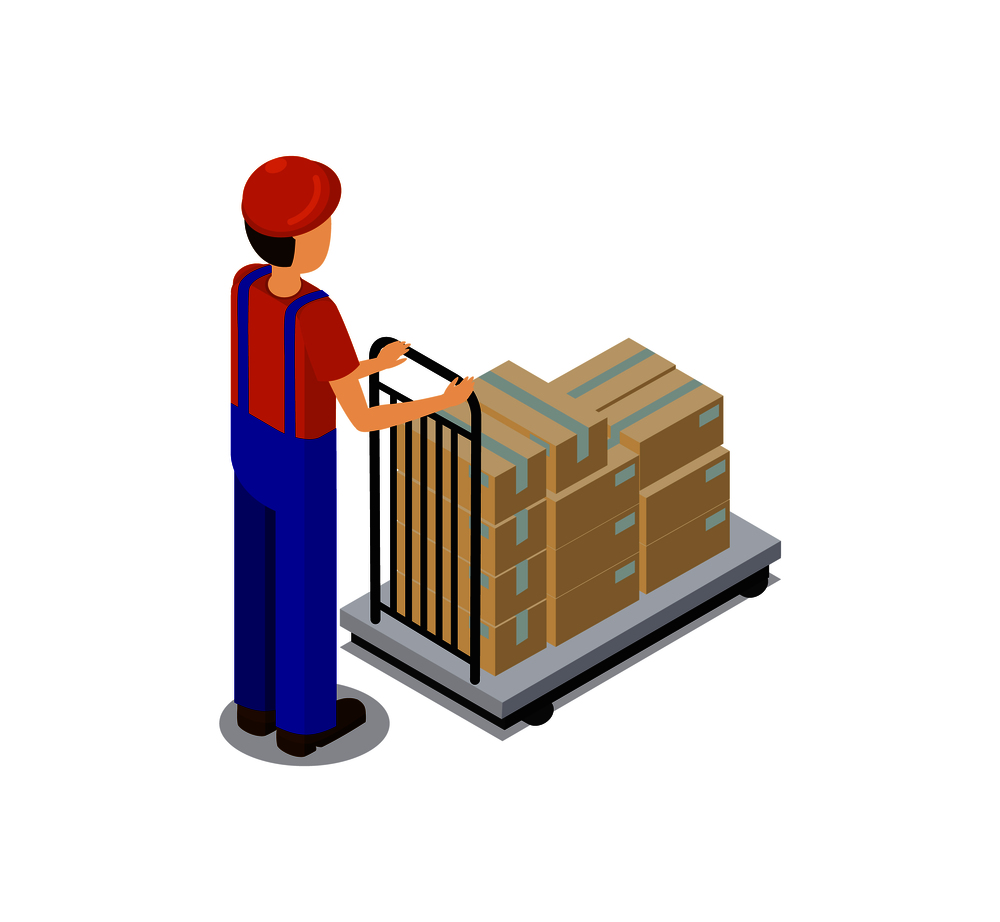 Worker pulling cart filled with boxes, male wearing special uniform and protective helmet, containers packaging transportation vector illustration. Worker Pulling Cart with Boxes Vector Illustration