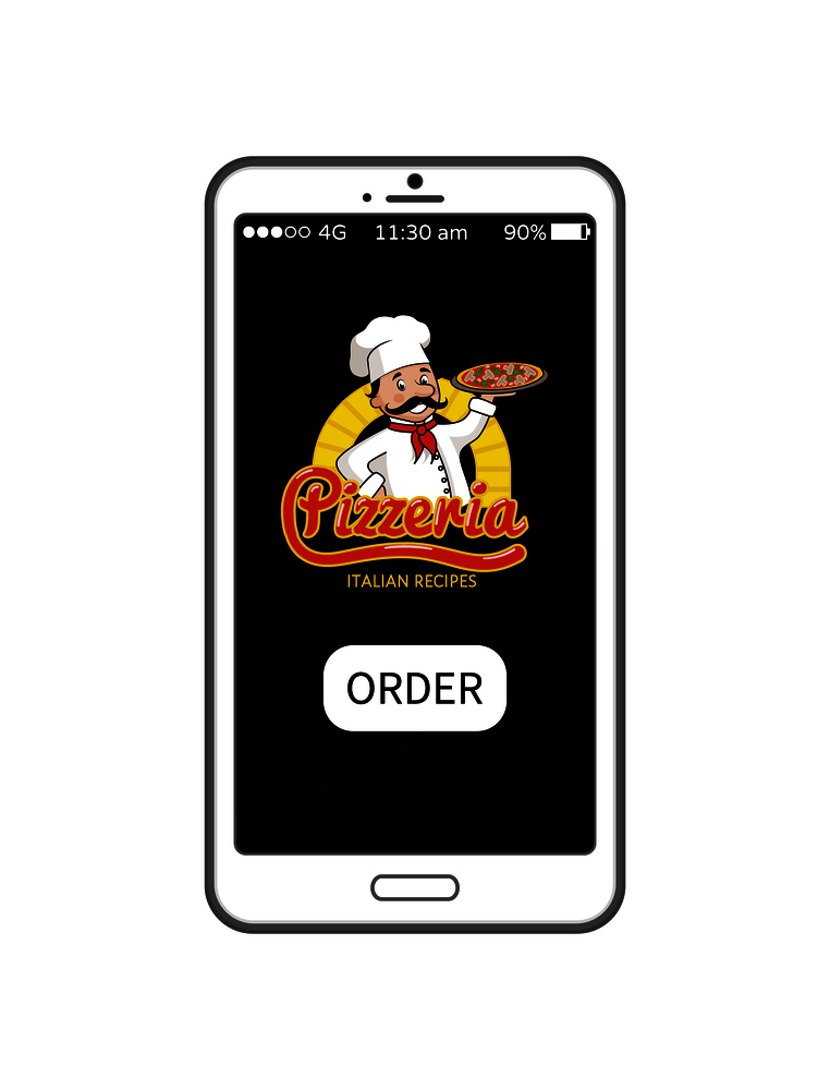Pizzeria Italian recipes application on white smartphone screen, order online pizza service delivery, smiling chef wearing uniform vector illustration. Pizzeria Italian Recipe Screen Vector Illustration