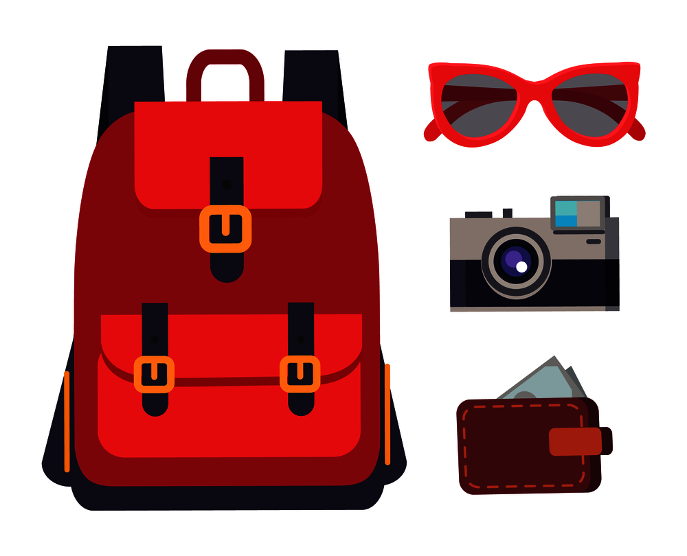 Backpack sunglasses and wallet full of banknotes, camera capturing moments, travelling kit collection vector illustration isolated on white background. Backpack and Travelling Kit Vector Illustration