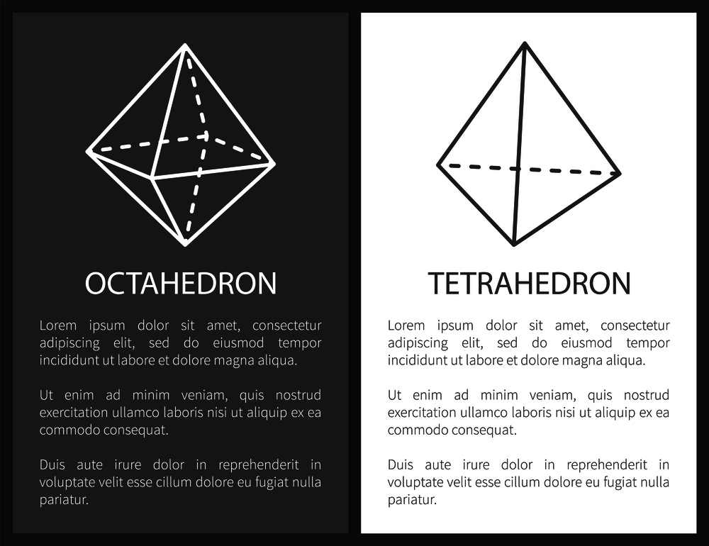 Octahedron and tetrahedron geometric shapes simple figures sketches made from lines or dashes, triangular thin projections vector illustrations set.. Octahedron and Tetrahedron Geometric Shapes Figure