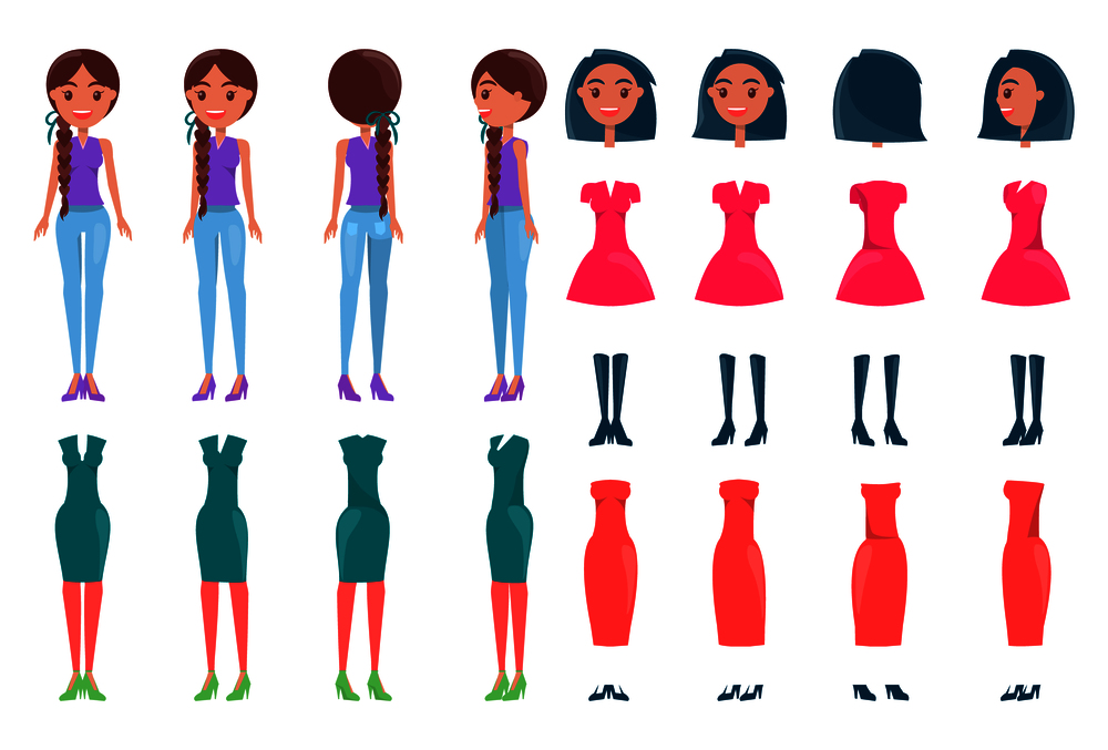 Animated character constructor, isolated vector illustrations set with various female dresses, heeled shoes collection, pretty hairstyles sample.. Animated Character Constructor, Vector Icons Set