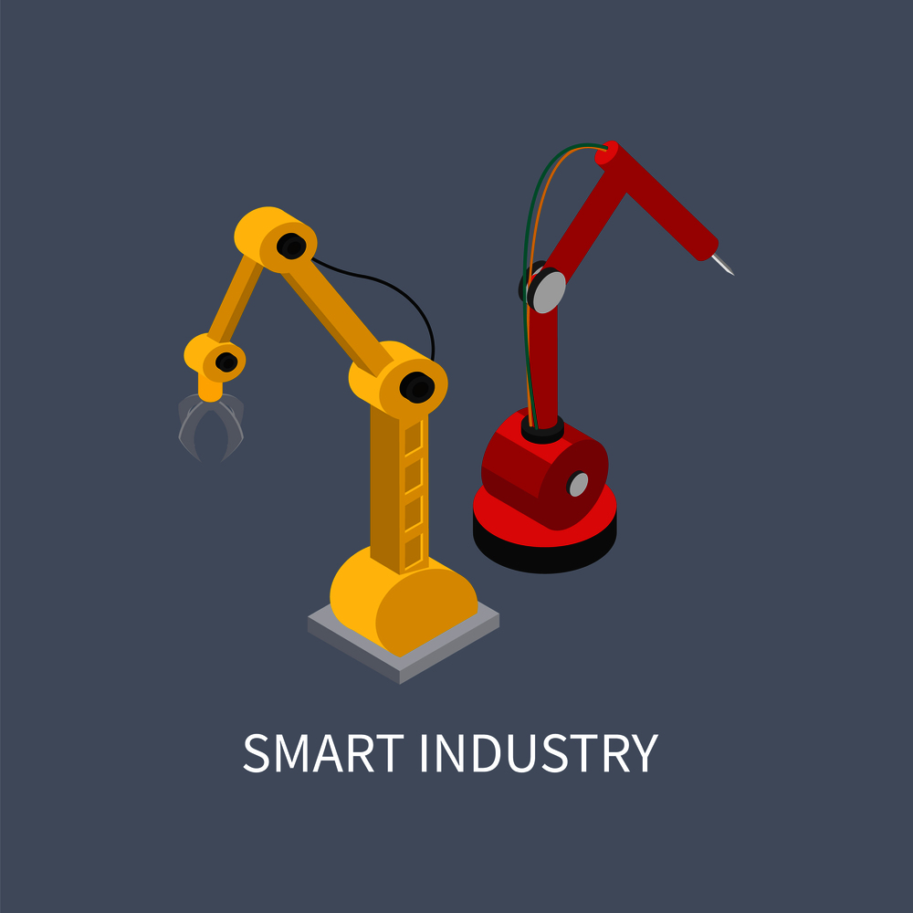 Smart industry production vector illustration isolated on grey background machines with hydraulic mechanisms, robots with automatic working hands. Smart Industry Production Vector Illustration