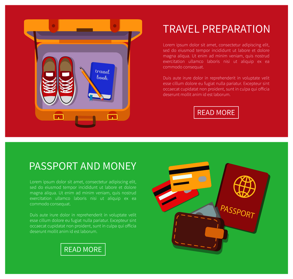 Travel preparation internet pages collection with headline and text sample, luggage containing shoes, blue book, pen credit cards vector illustration. Travel Preparation Internet Vector Illustration