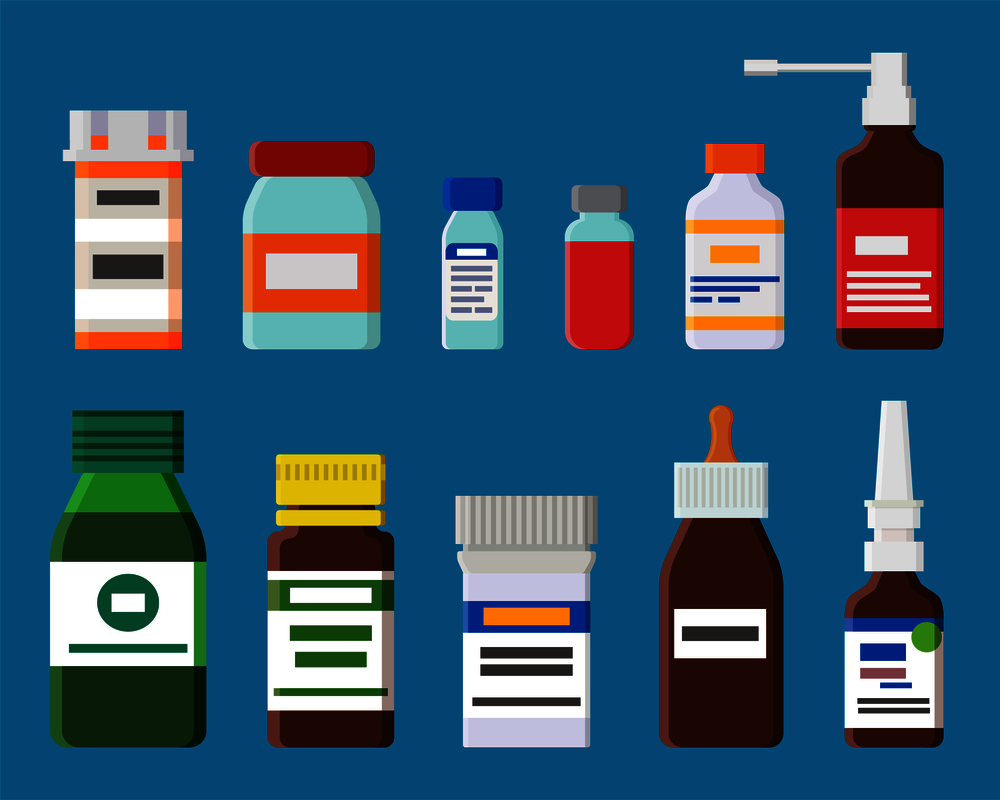 Ampoules and bottles collection, containers for storage of medical products with labels, emblems vector illustration, isolated on blue background. Ampoules Bottles Collection Vector Illustration