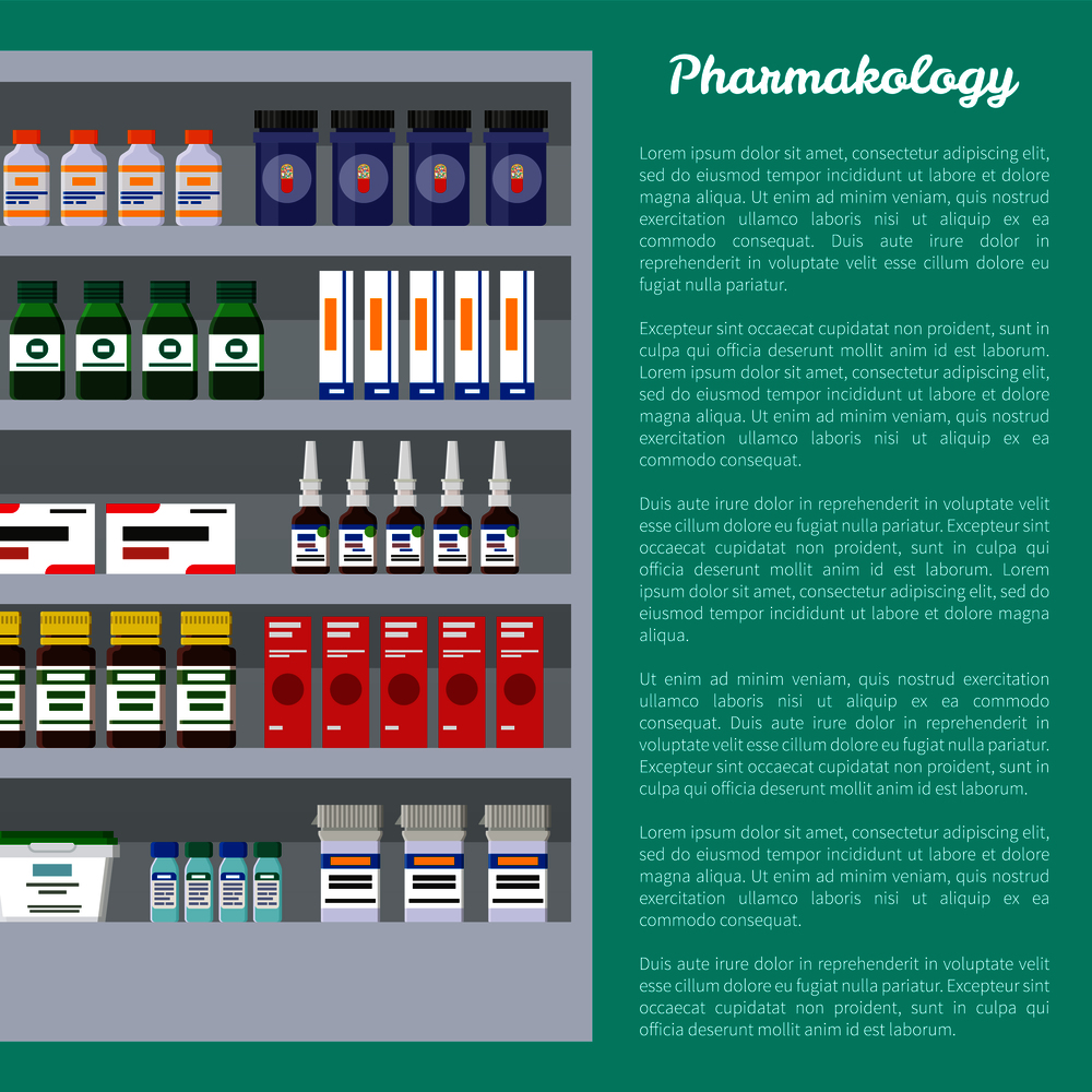 Pharmacology poster and text sample, medication products placed on shelves of refrigerator, storage preservation, isolated on vector illustration. Pharmacology Poster and Text Vector Illustration
