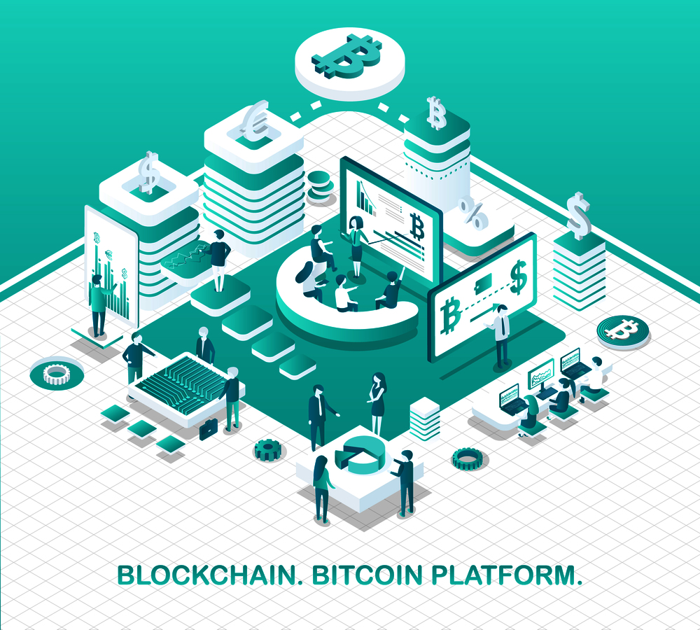Blockchain and bitcoin platform operation model. Virtual money or modern business. Digital currency promotional poster isometric 3D vector illustration. Blockchain and Bitcoin Platform Operation Model