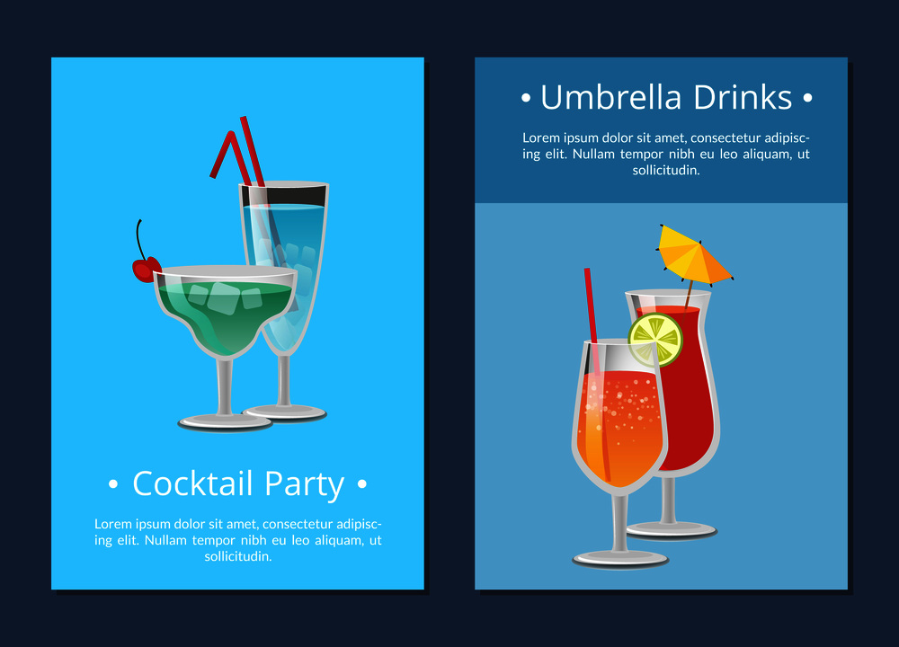 Umbrella drinks cocktail party invitation posters set tropical refreshing cocktails Blue Lagoon, Long Island, Vodka with juice, lemonade isolated. Umbrella Drinks Cocktail Party Invitation Poster