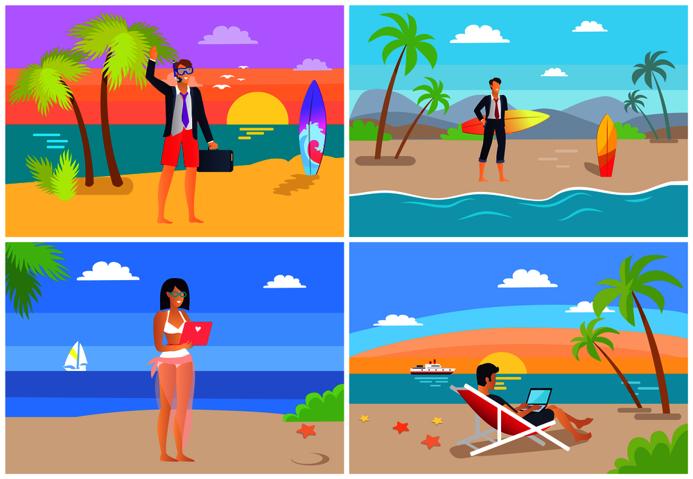 People by seaside freelance collection, workers completing working tasks, man and woman, businessman freelancers work at coastline vector set. People by Seaside Freelance Vector Illustration