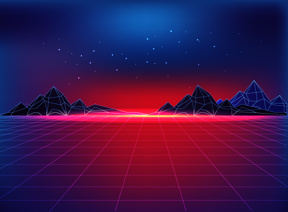 Futuristic backdrop in 80s style with cosmic motif. Grid on floor flat surface, rocky mountains at horizon and starry night sky vector illustration.. Futuristic Backdrop in 80s Style with Cosmic Motif