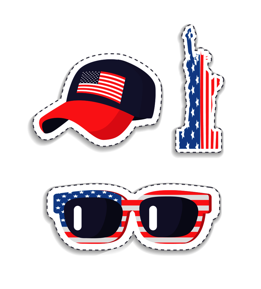 Patriotic stickers with American flag colors in shape of stylish cap, Statue of Freedom silhouette and modern sunglasses vector illustrations set.. Patriotic Stickers with American Flag Colors Set